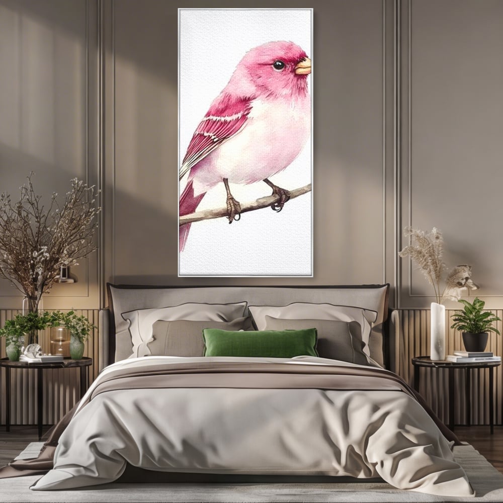 Tablou canvas cu tablou canvas cu pasare roz pe creanga, in rama de aluminiu argintiu, pe perete intr-un dormitor